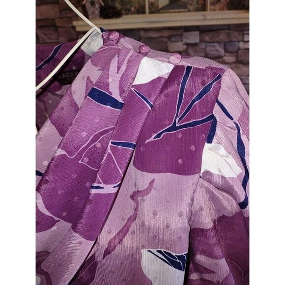 5/$25 Sz 12 80s Large Print Purple Floral Bandana Pleated Collar Dress - Picture 8 of 12